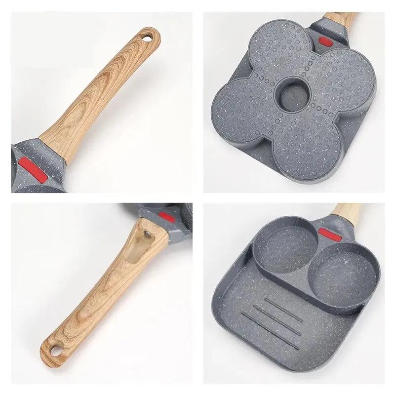 Non-stick 3 Hole/4 Hole Steak and Egg Omelette Thickened Omelet Pan with Wooden Handle Kitchenware